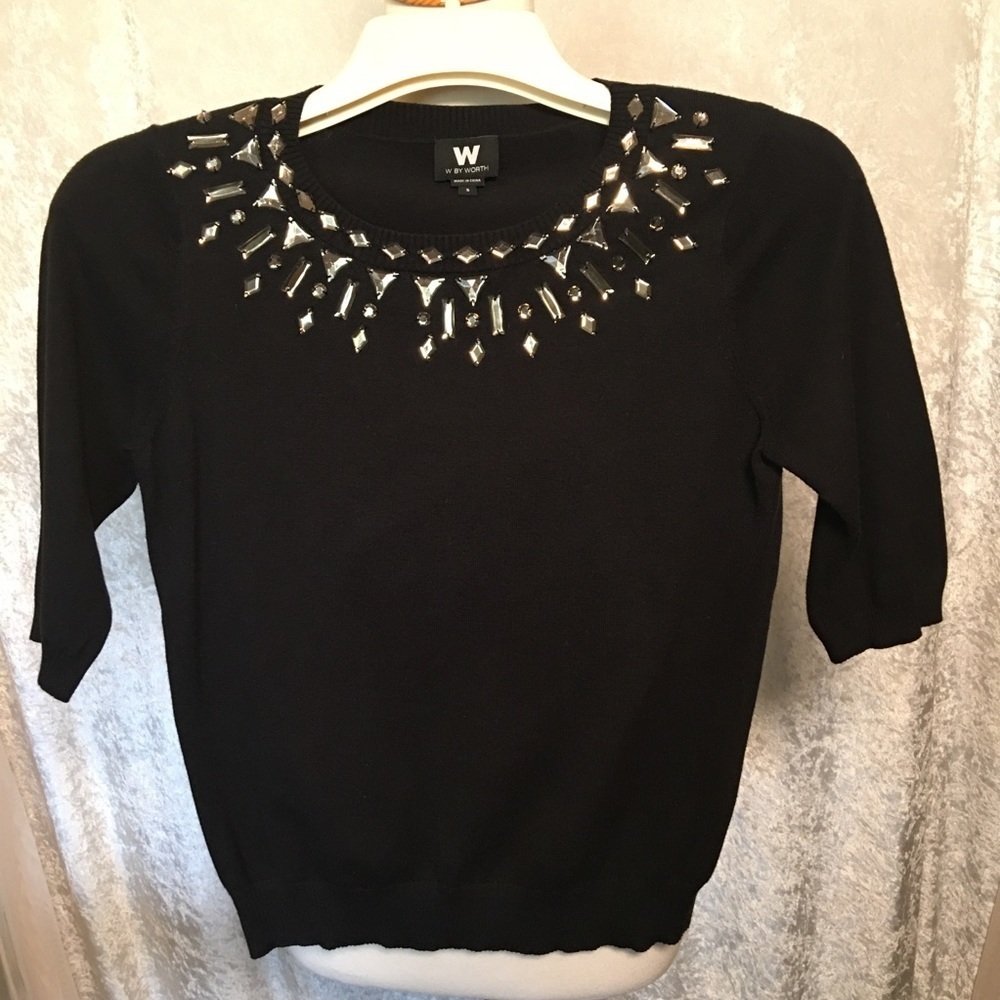 W By Worth Embellished black cotton pullover top Short Sleeve Size Small